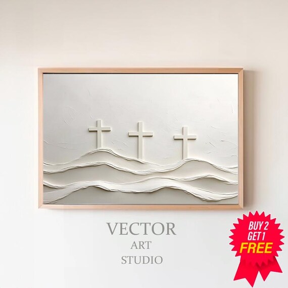 Three White Crosses Above Wavy Hills Minimalist Easter Poster