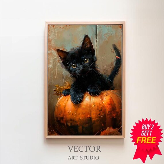 Curious Black Kitten on Pumpkin with Tail Up Fall Halloween Poster