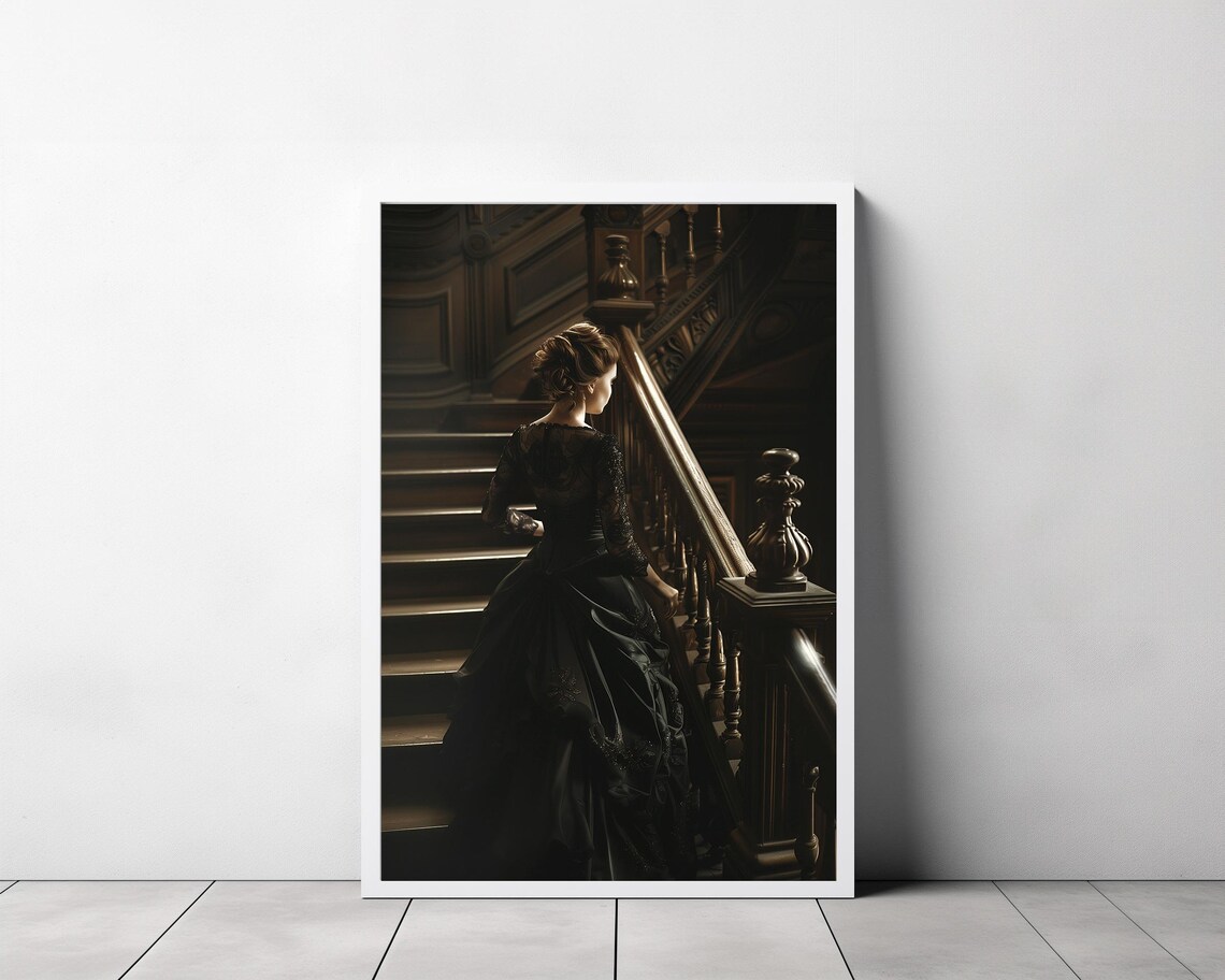Victorian Lady In Black Gown Climbing Grand Staircase Dark Academia Poster - Image 3