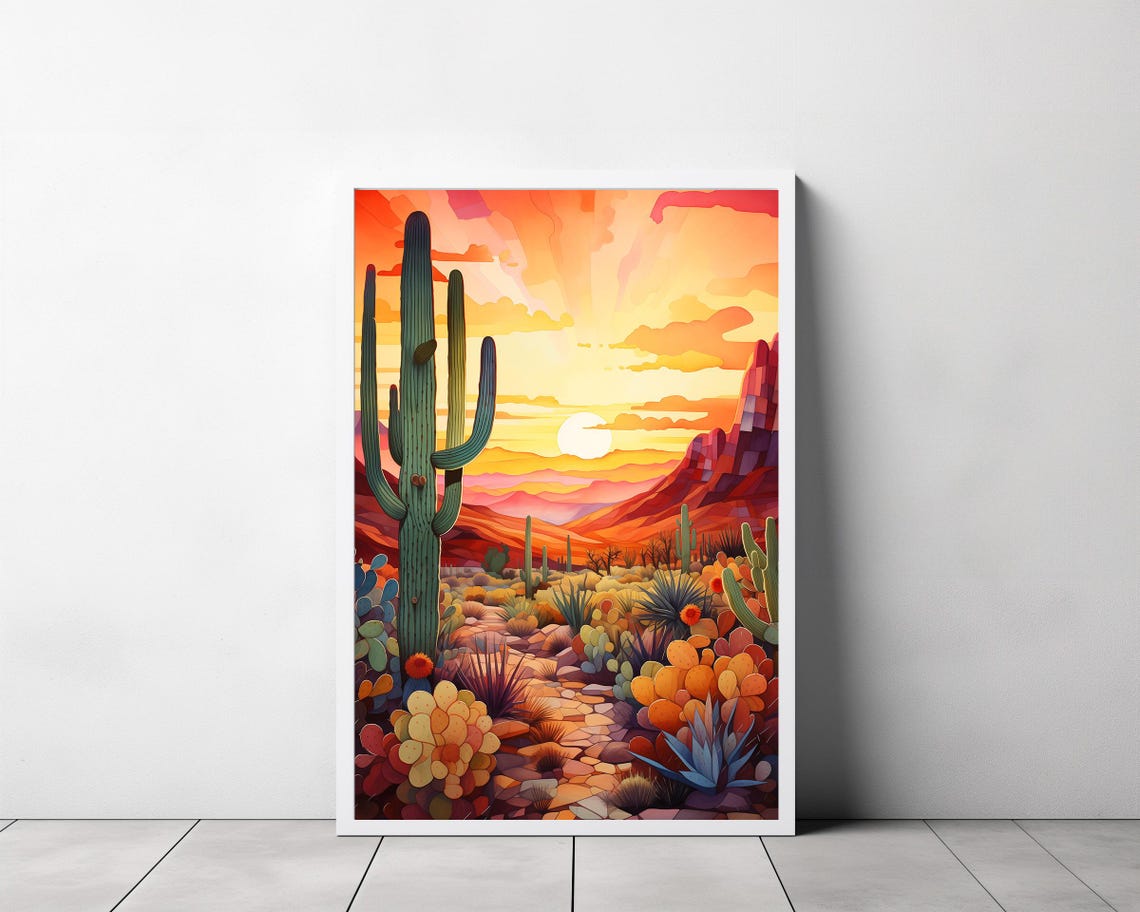 Desert Sunset Trail with Tall Saguaro and Agave Stylized Poster - Image 3