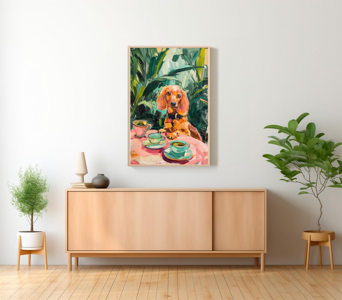 Dachshund Dog at Tea Table with Colorful Teacups Kitchen Wall Poster - Image 2