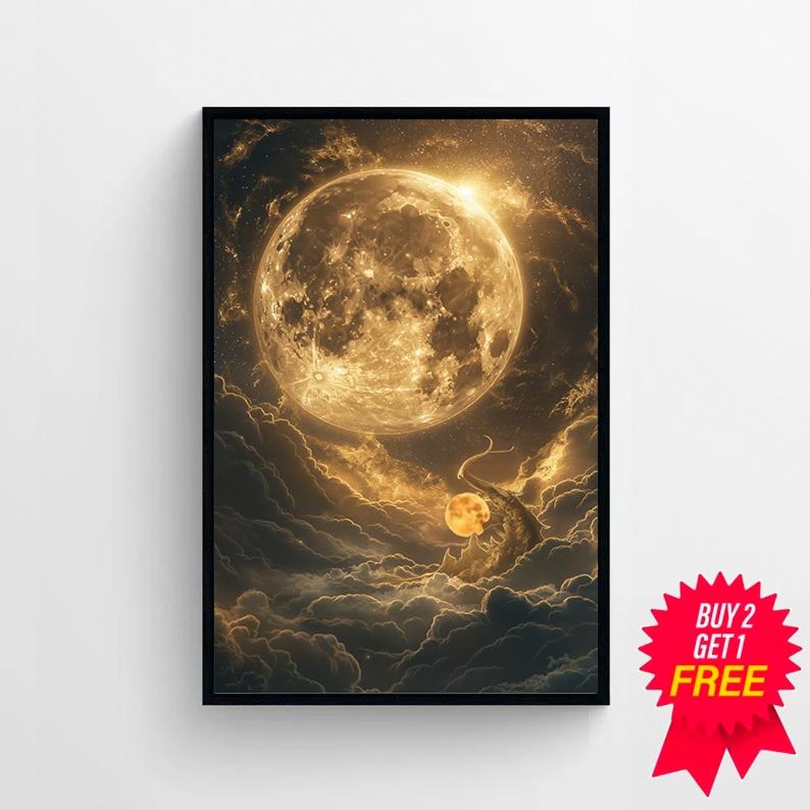 Golden Full Moon Above Dark Clouds Lunar Dreamscape Art Poster - Image 4