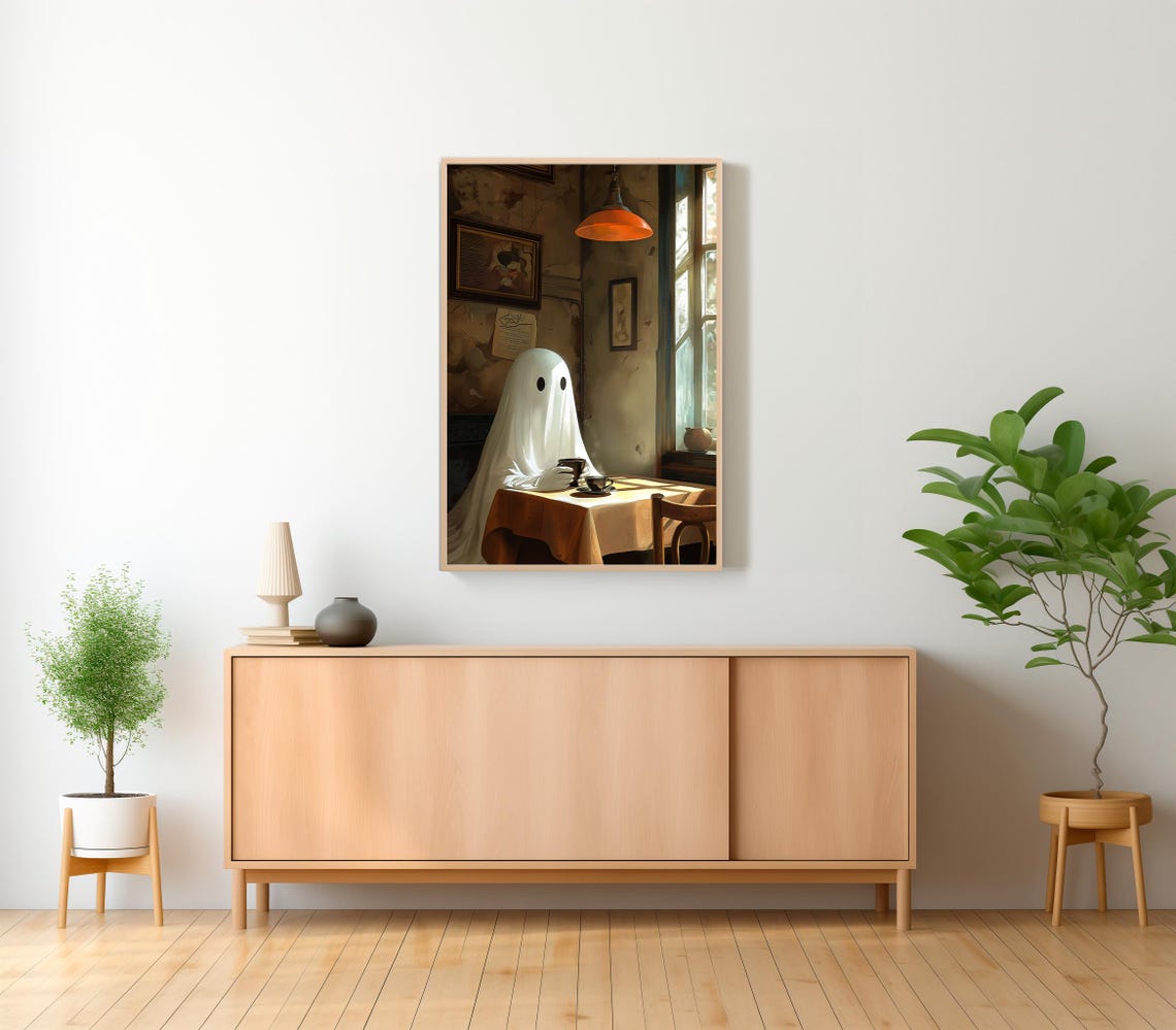 Ghost Enjoying Coffee At Cozy Cafe Table Dark Academia Art Poster - Image 2