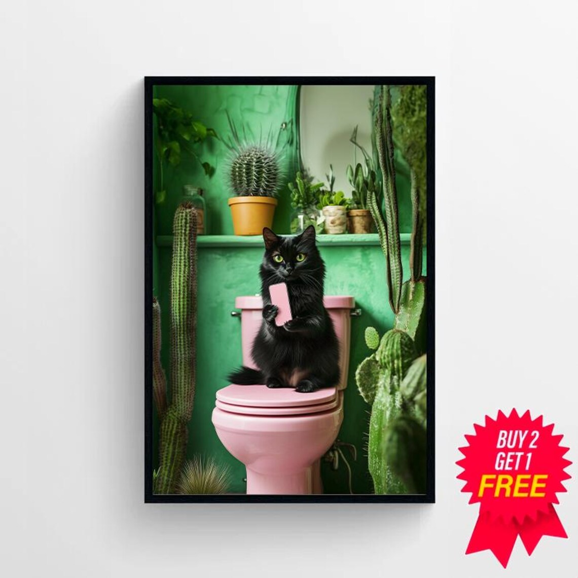 Funny Black Cat on Pink Toilet With Phone and Lush Green Plants Poster - Image 4