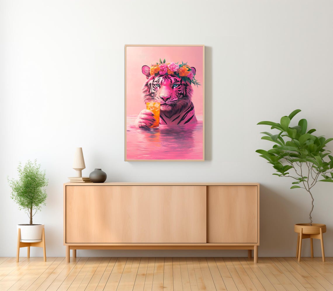 Wall Art Tiger With A Cocktail Maximalist Oil Painting Colorful Trendy Kitsch Vivid Bathroom Print Bold Dopamine Animal Picture - Image 2