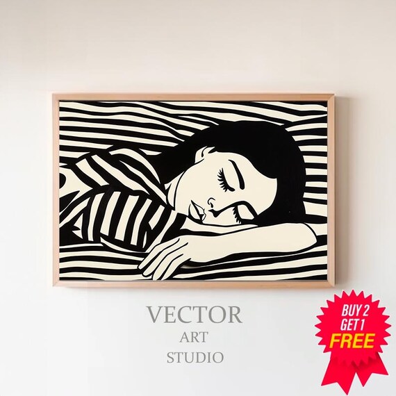 Sleeping Woman on Bold Striped Bed Black White Graphic Pop Art Style Poster