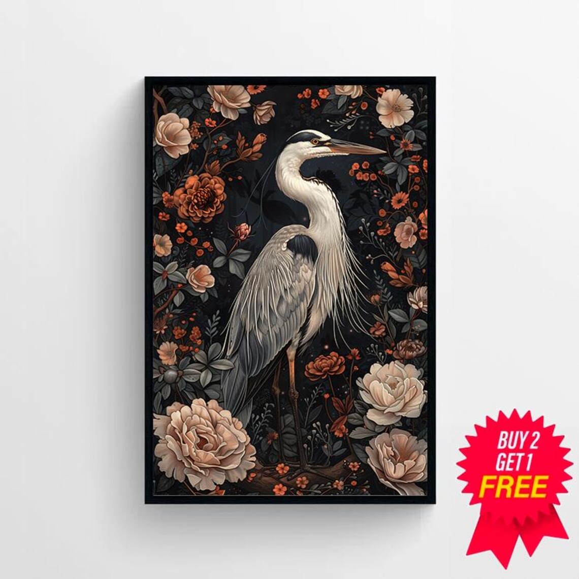 Grey Heron Among Dark Florals Moody Botanical Art Nouveau Poster - Image 4