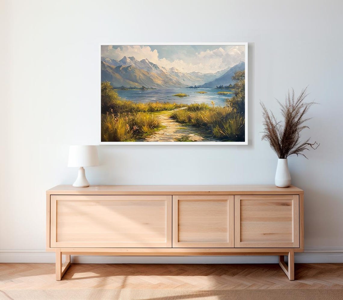 Golden Grass Path by a Mountain Lake in Warm Autumn Light Poster - Image 2