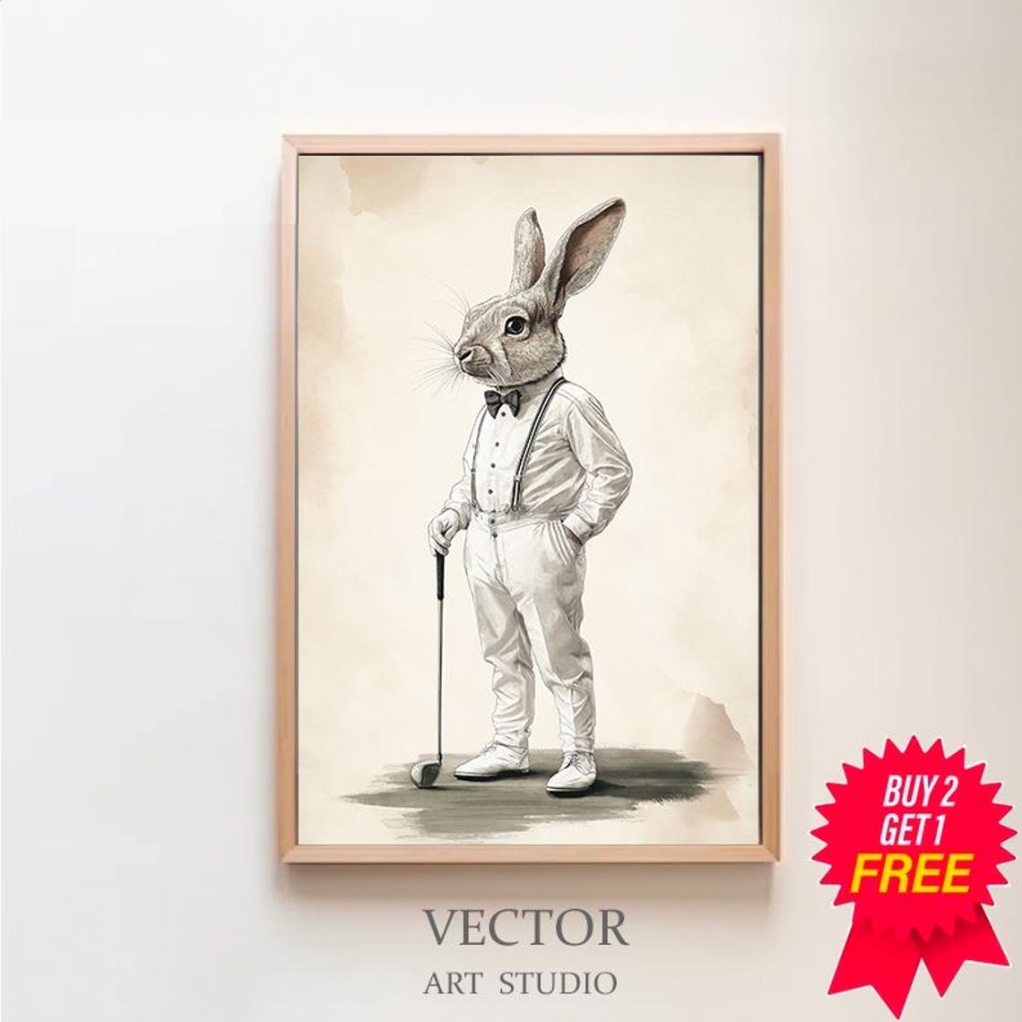 White Rabbit Golfer White Suit Bow Tie Vintage Nursery Poster
