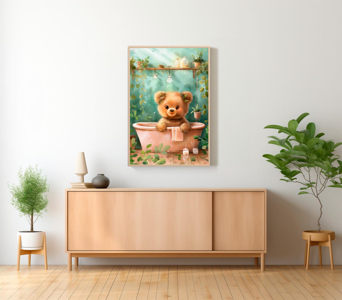 Cute Teddy Bear Cub Enjoying a Spa Bath with Eucalyptus Art Poster - Image 2