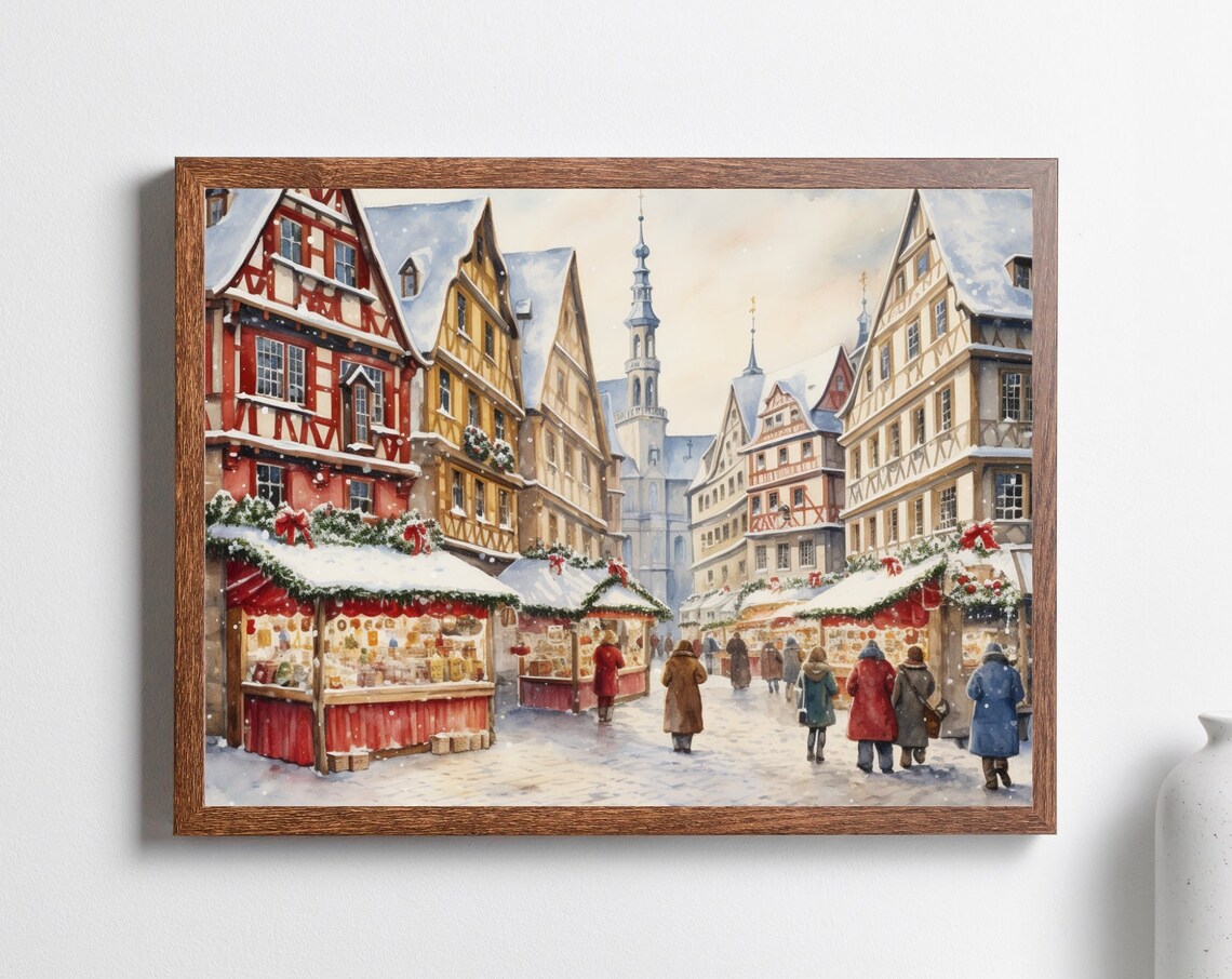 Rothenburg Christmas Market Watercolor Snowy German Village Poster