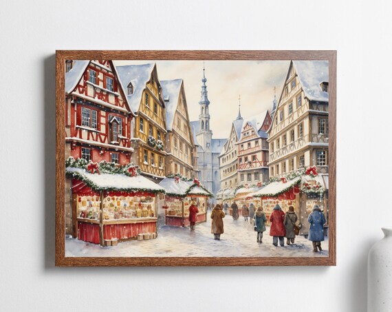 Rothenburg Christmas Market Watercolor Snowy German Village Poster