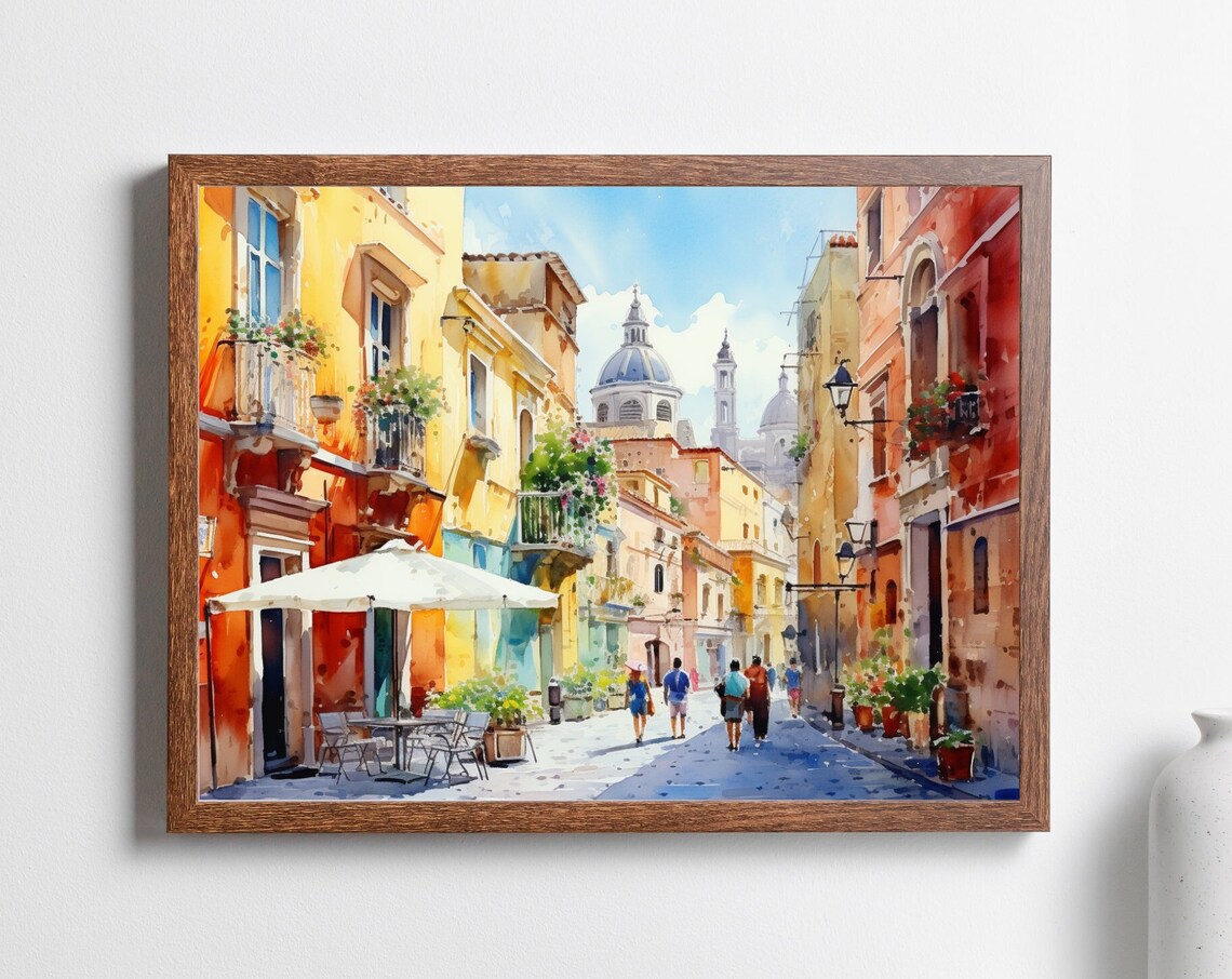 Sunny Italian Old Town Street Charming Cafes Watercolor Travel Poster