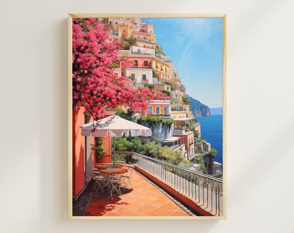 Positano Amalfi Coast Italy Cliffside Terrace Watercolor Poster