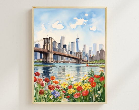 Brooklyn Bridge Watercolor Gicle Print Manhattan Skyline Wall Art