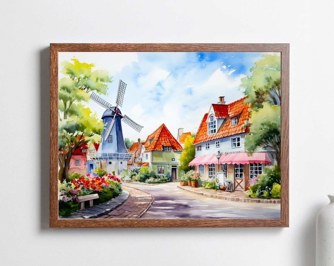Solvang Danish Village Windmill Watercolor European Street Poster