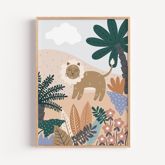 Gentle Lion Walking in a Tropical Jungle Safari Nursery Poster