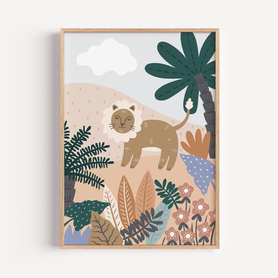 Jungle Lion Wall Print Art Playroom Kids Room Decor Poster For Children Prints Nursery Beige Birthday Gift