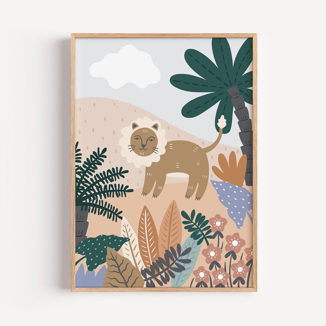 Gentle Lion Walking in a Tropical Jungle Safari Nursery Poster