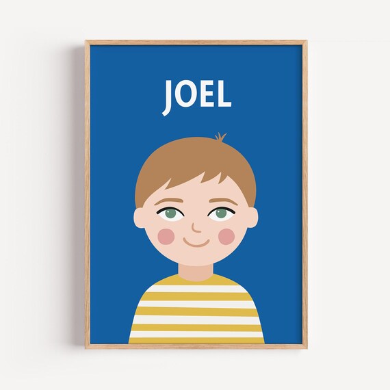 Personalized Boys Name Poster With Cartoon Boy in Yellow Stripes