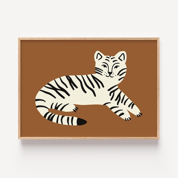 White Tiger With Black Stripes on Rust Brown Nursery Art Poster