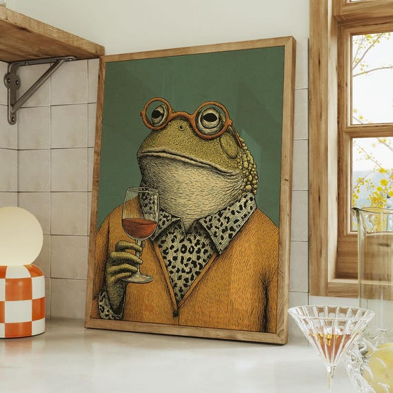 Frog With Wine Poster, Anthropomorphic Animal Print