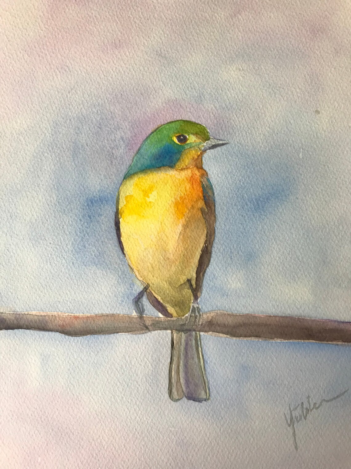 Green and Blue Songbird With Golden Breast Watercolor Art Poster - Image 3