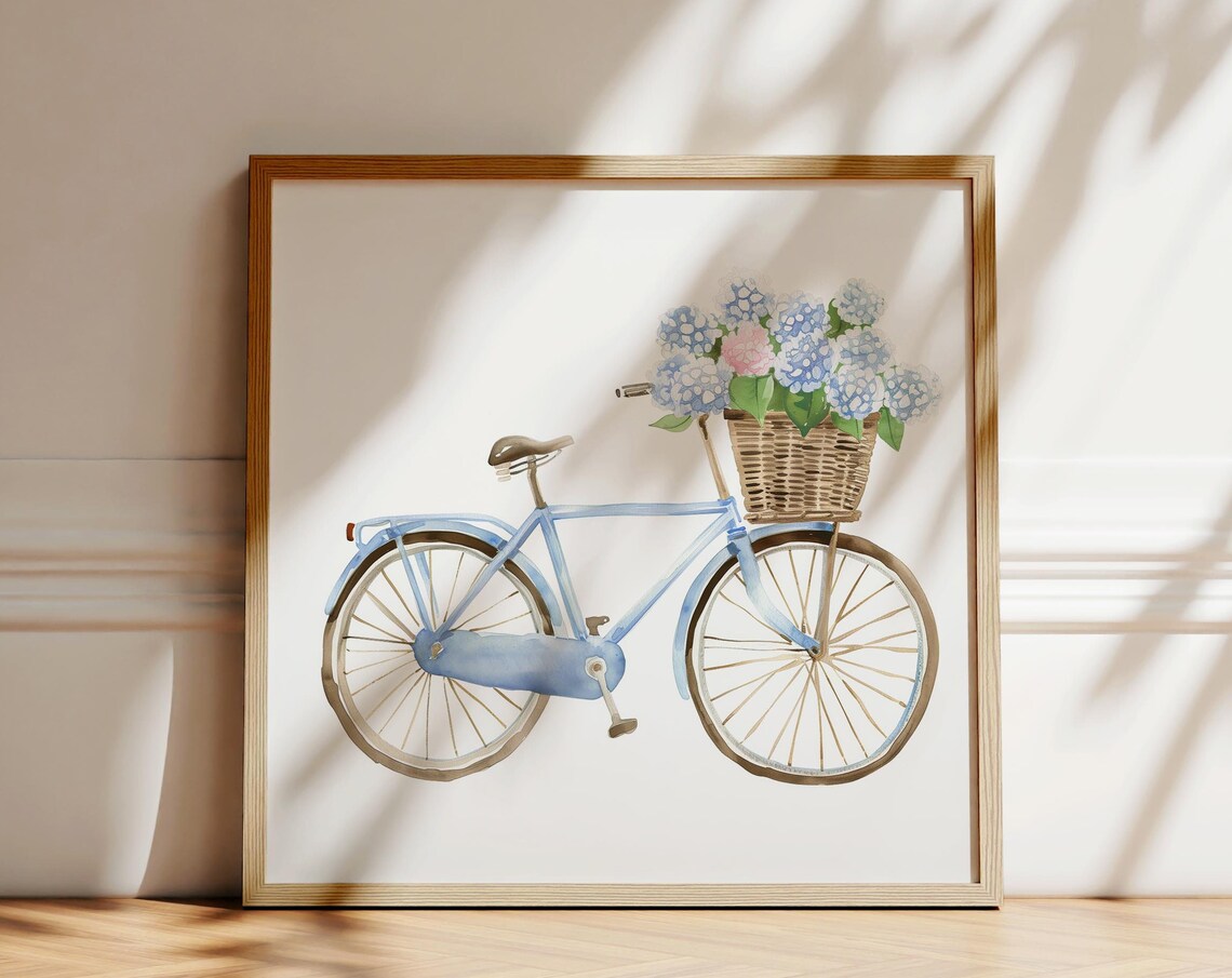 Light Blue Bicycle with Hydrangea Basket Watercolor Art Print