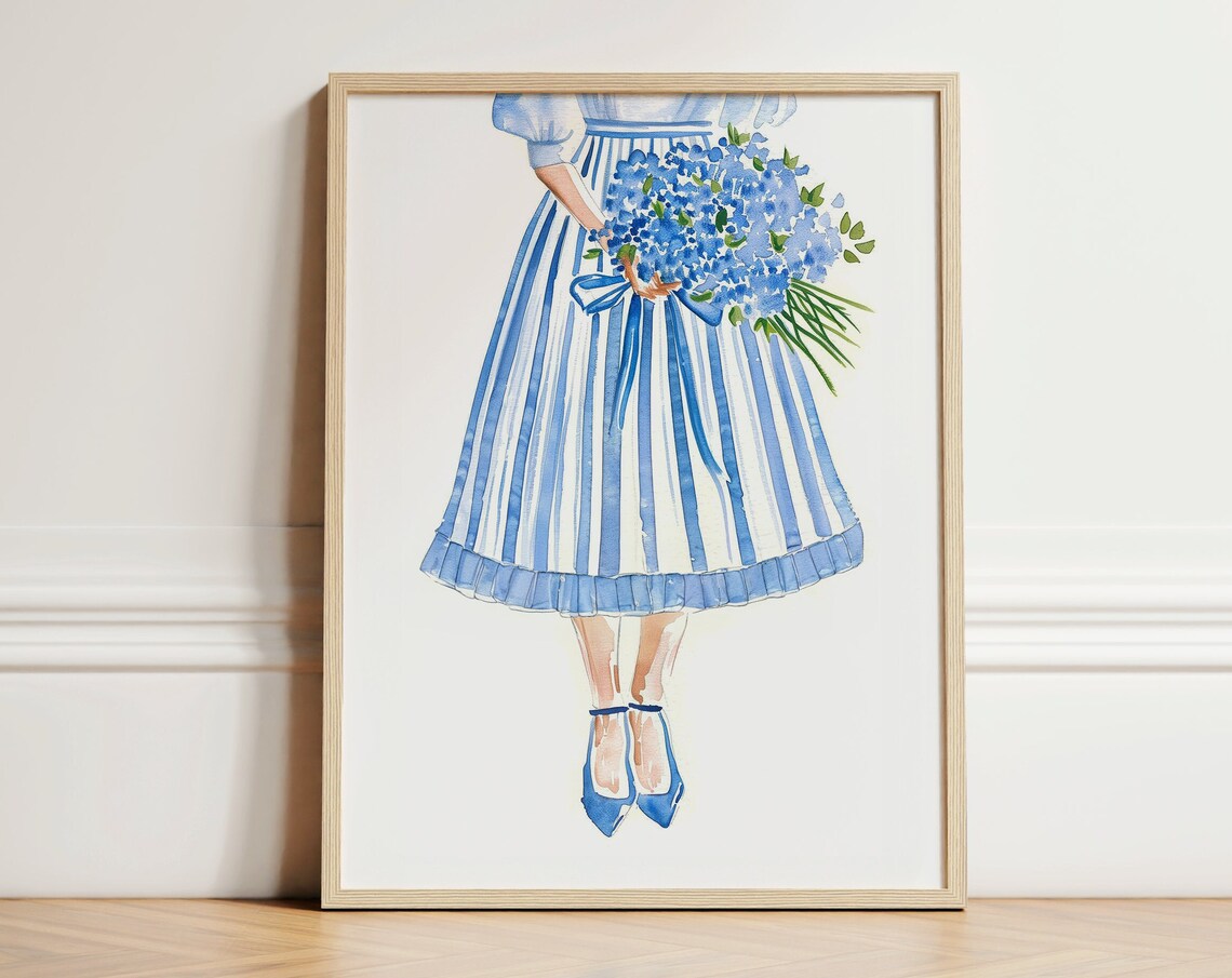Blue Striped Dress Hydrangea Bouquet Watercolor Fashion Illustration Poster