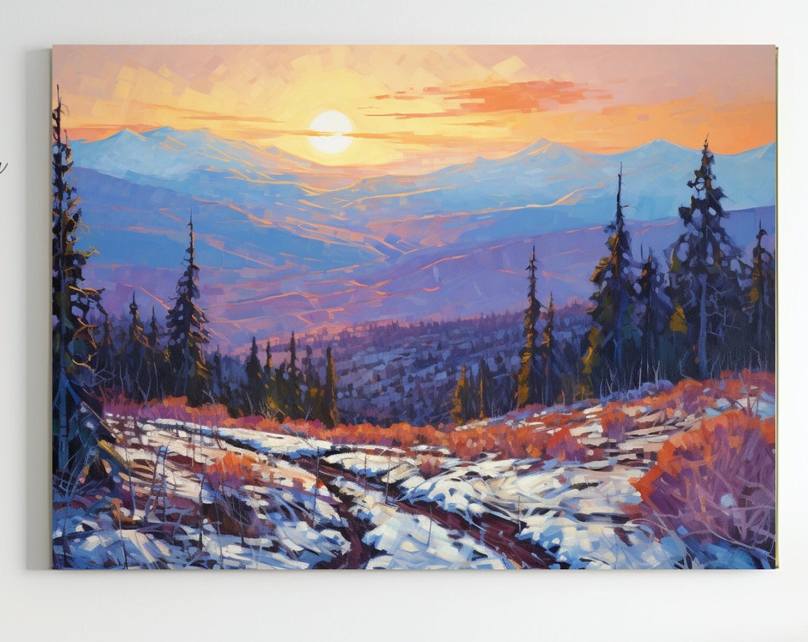 Snowy Mountain Valley Sunrise Pine Forest Winter Landscape Art Print