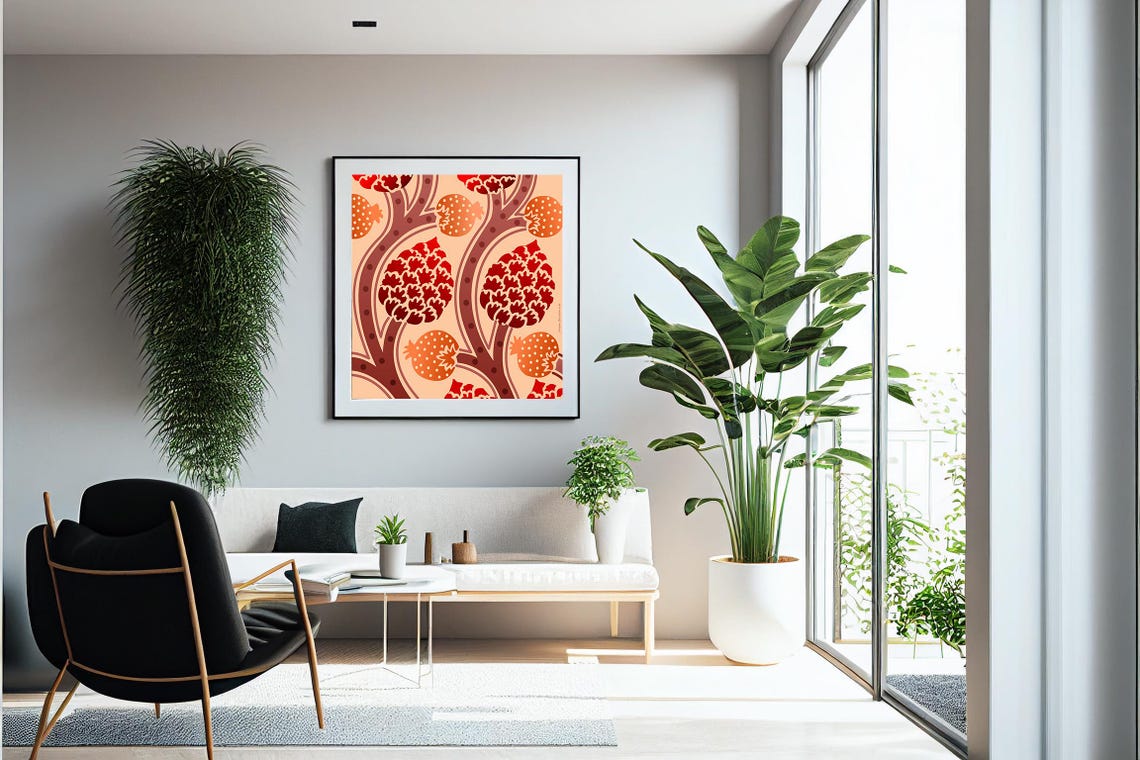 Pomegranate Tree Bold Red Pattern Retro Botanical Decorative Print - Image 3