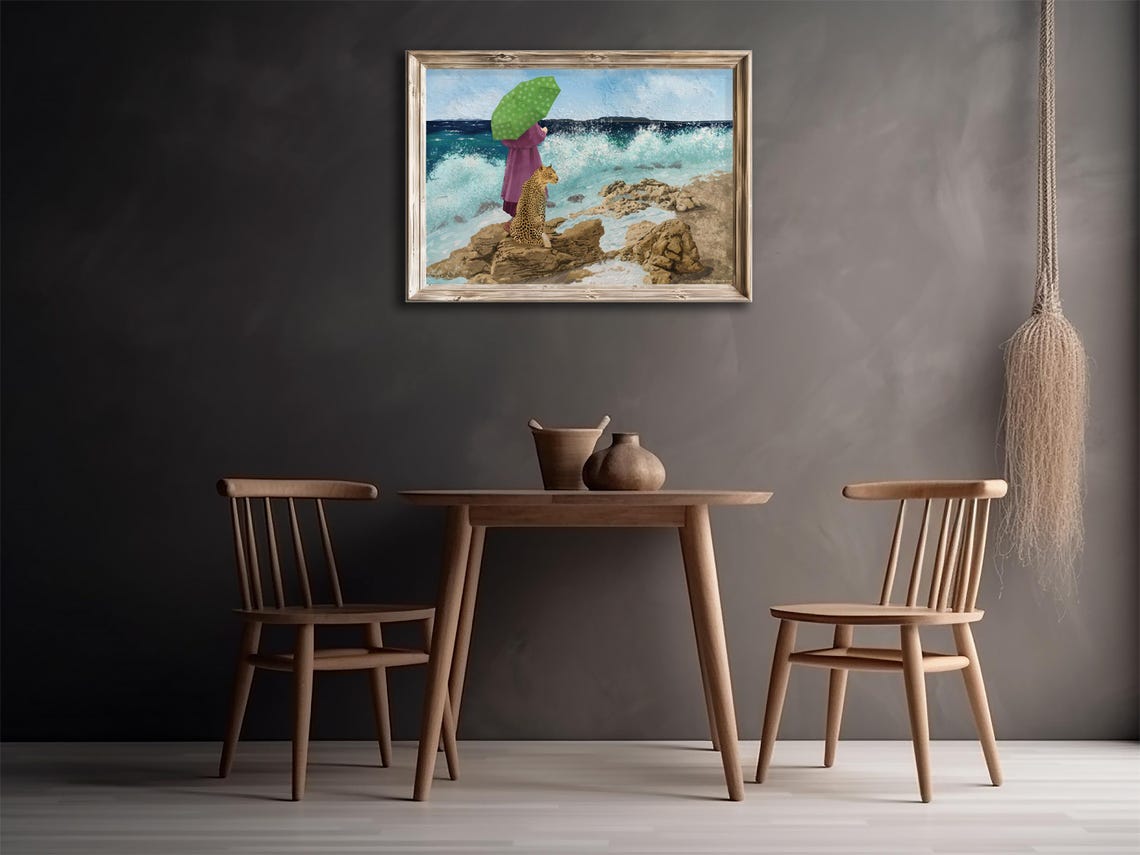 Woman Leopard Rocky Coast Ocean Waves Seascape Dreamlike Art Poster - Image 2