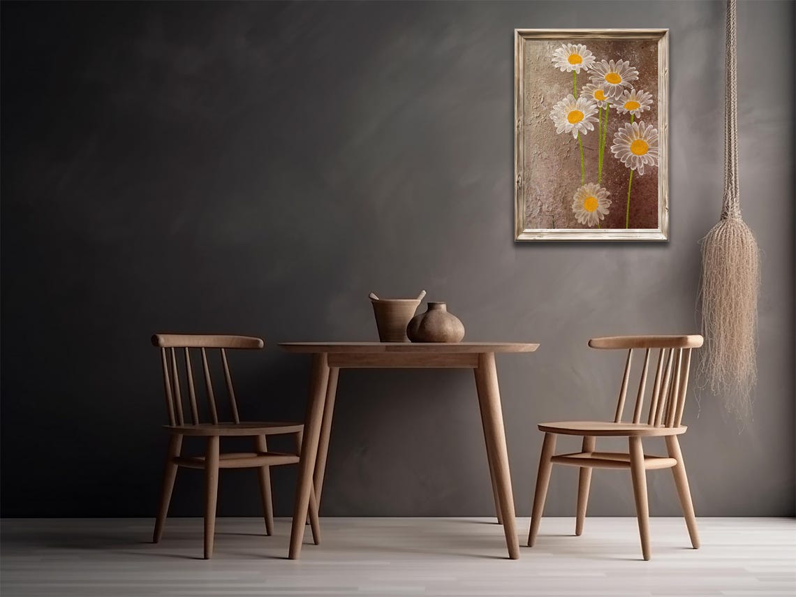 White Daisies Brown Textured Rustic Floral Farmhouse Painting Poster - Image 2