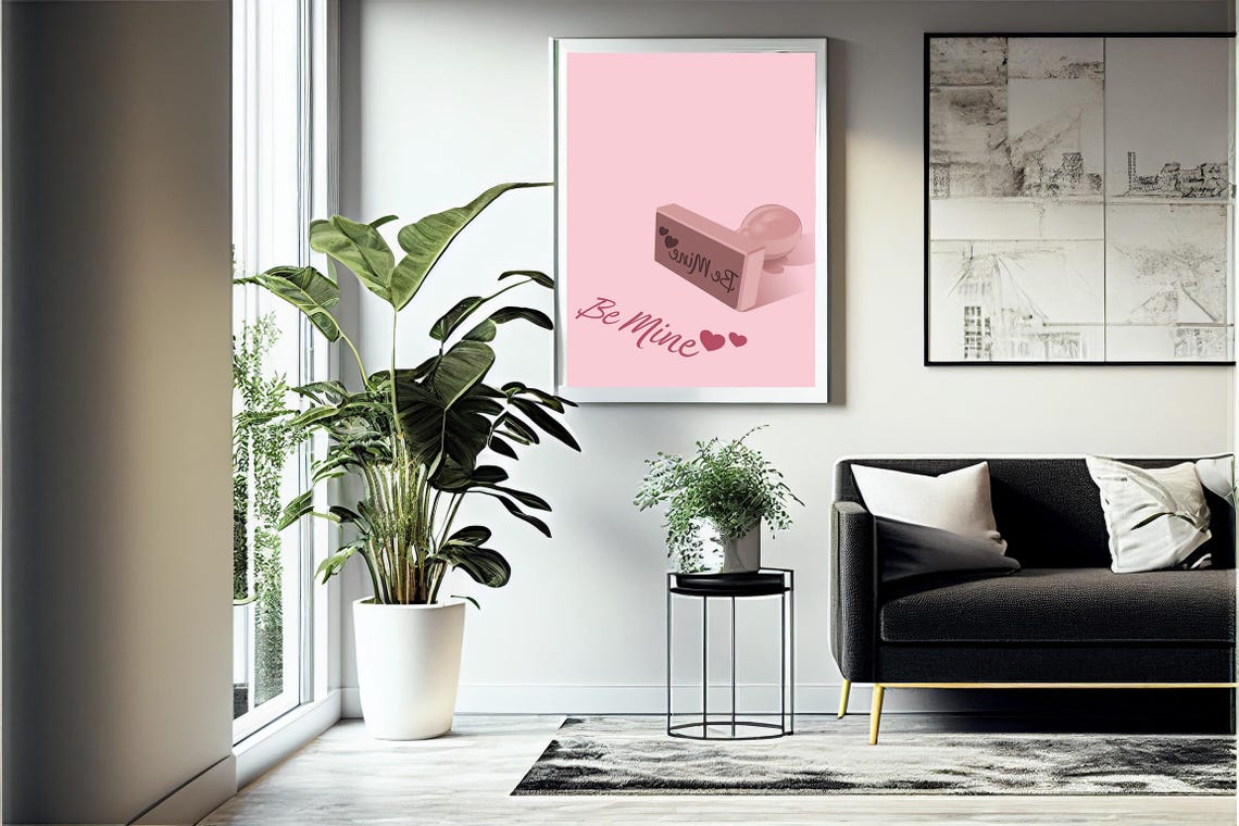 Be Mine Pink Rubber Stamp with Hearts Script on Blush Poster - Image 4