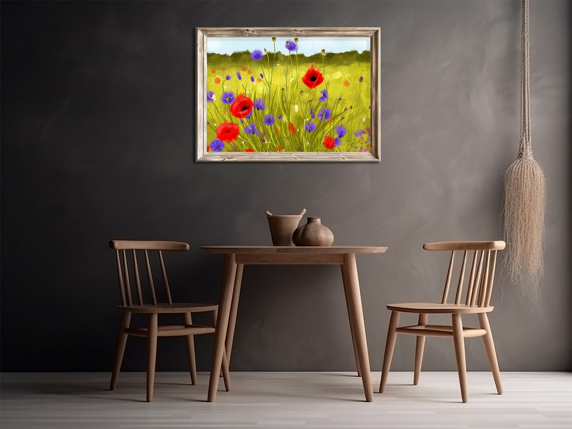 Red Poppies Purple Cornflowers Sunny Meadow Flower Field Print - Image 4