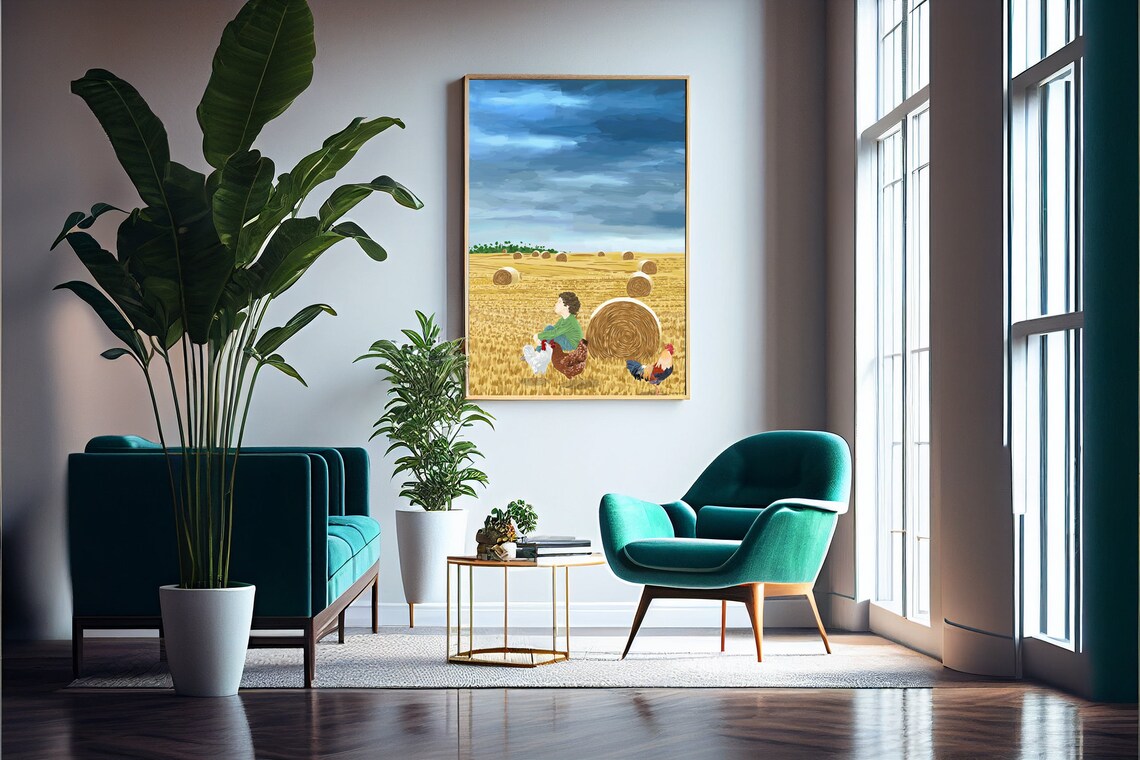 Boy in Golden Wheat Field Rooster Hens Hay Bales Harvest Print - Image 4