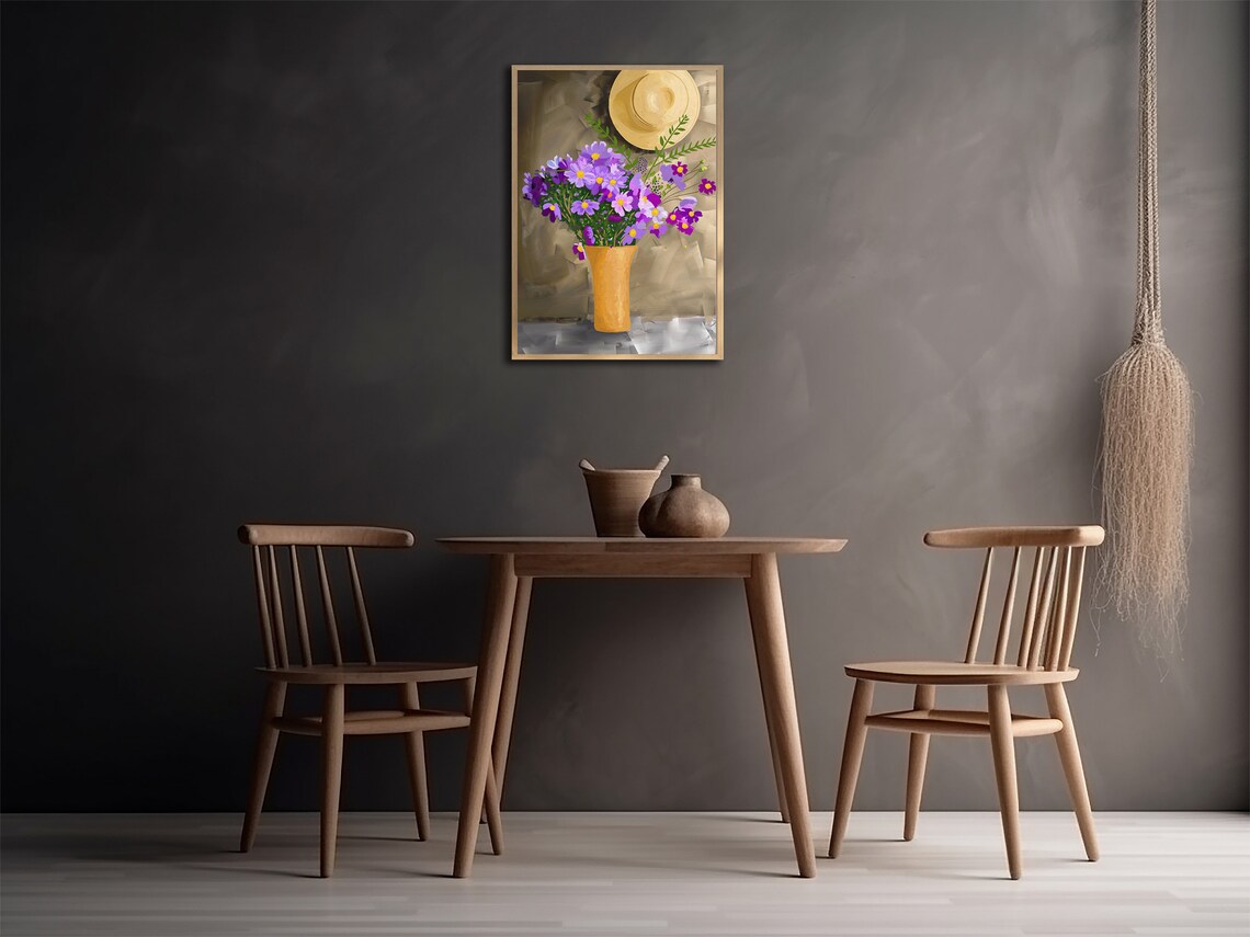 Purple Wildflowers Vase Straw Hat Still Life Oil Painting Wall Art - Image 2