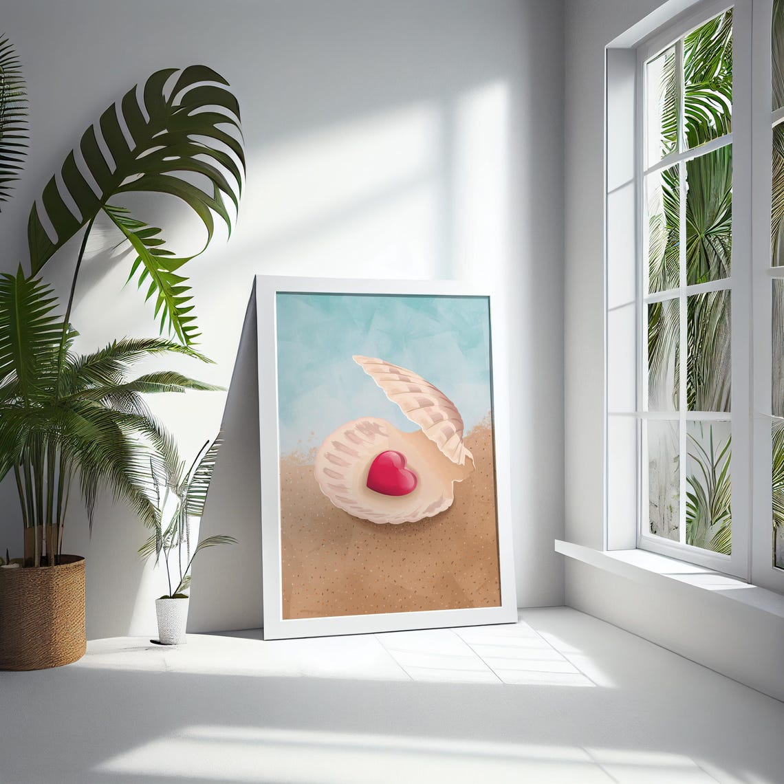 Romantic Red Heart Pearl in Seashell on Sandy Beach Wall Poster - Image 5