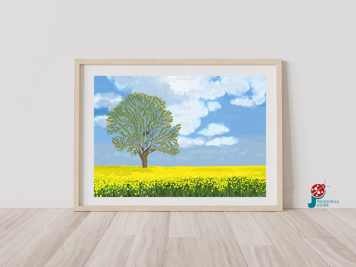 Lone Tree Yellow Flower Field Bright Blue Sky Landscape Wall Print