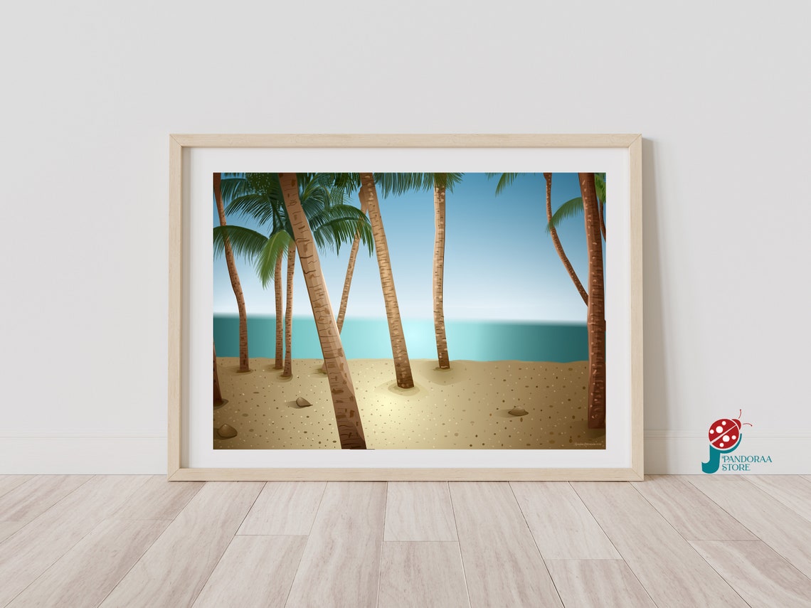 Palm Tree Beach Turquoise Sea Sand Summer Coastal Landscape Art Poster