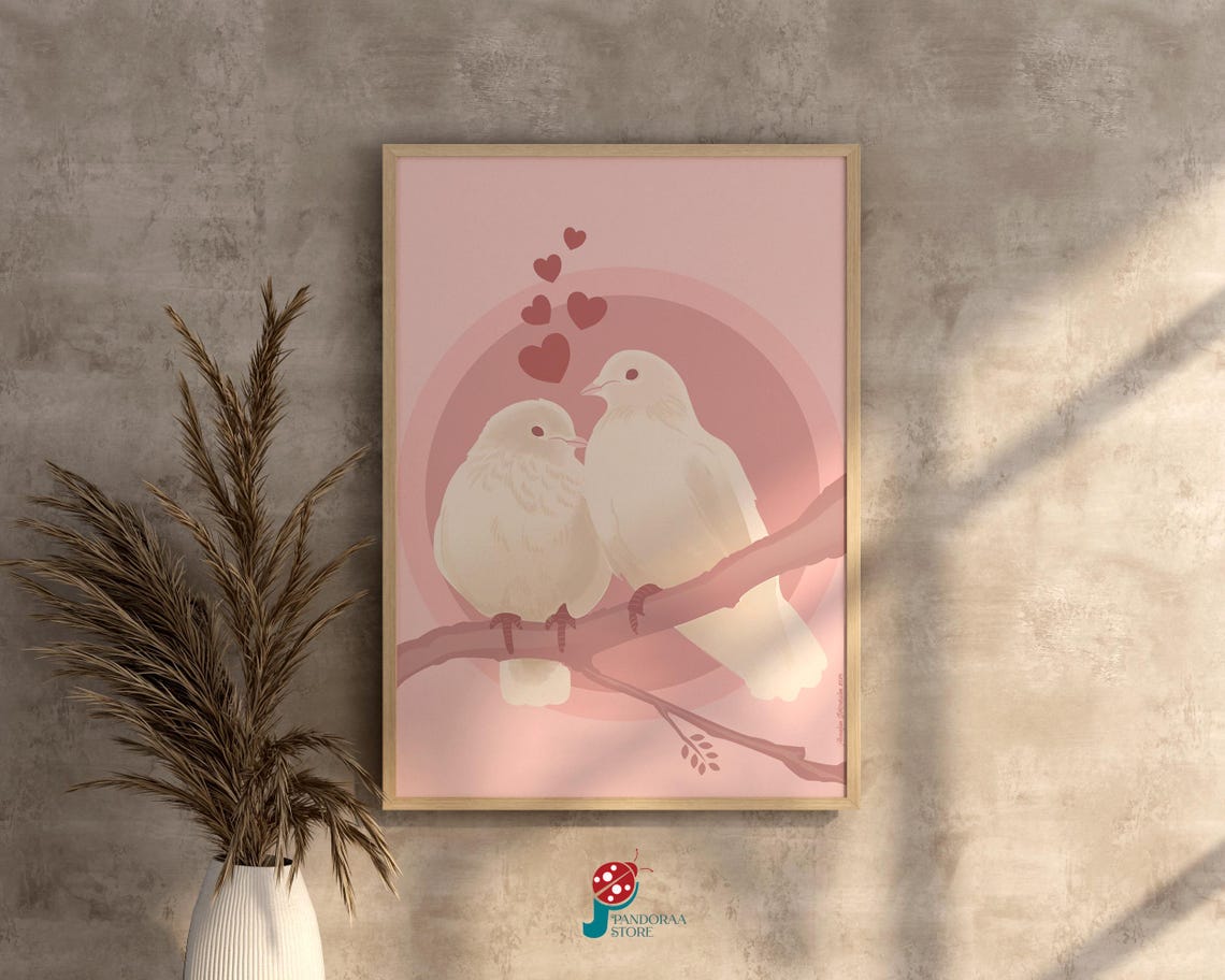 White Lovebirds Pair on Pink Background with Floating Hearts Poster