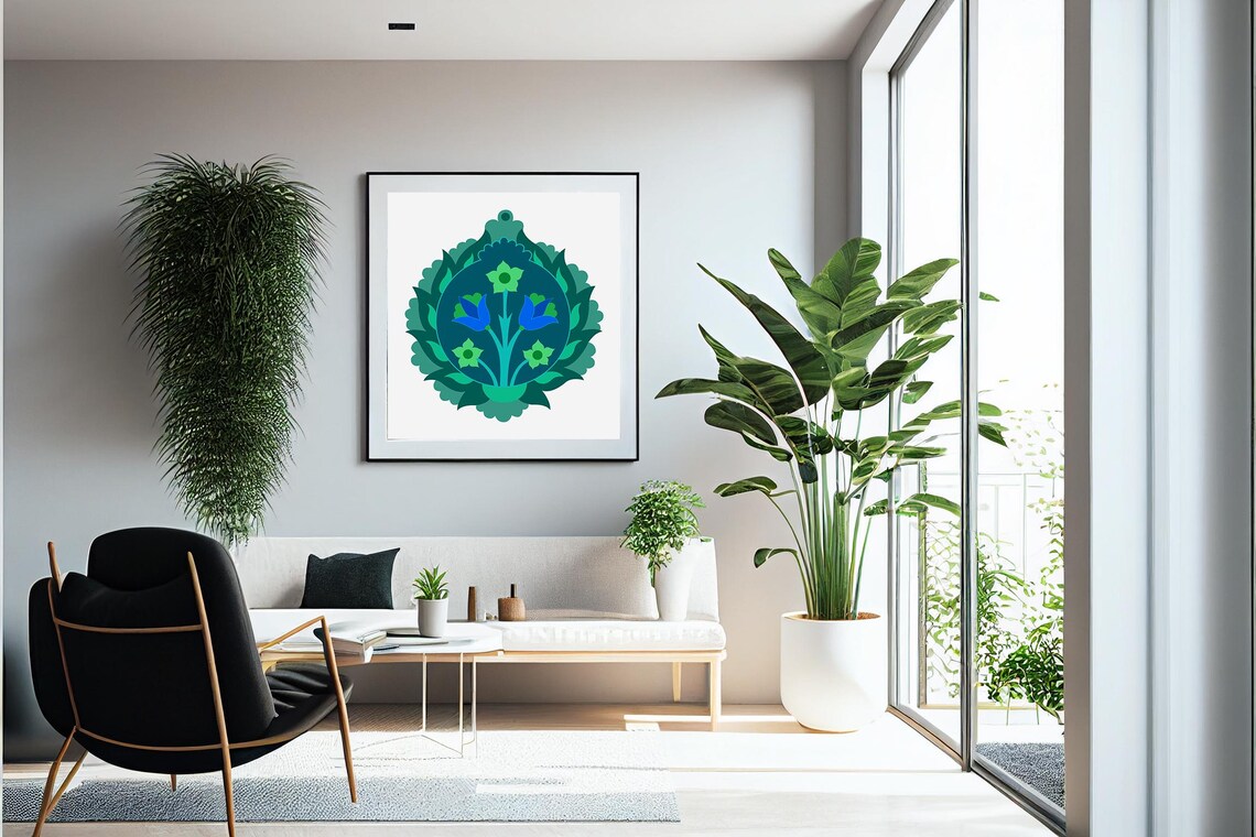 Blue Green Floral Medallion Folk Art Vintage Botanical Circle Poster - Image 4