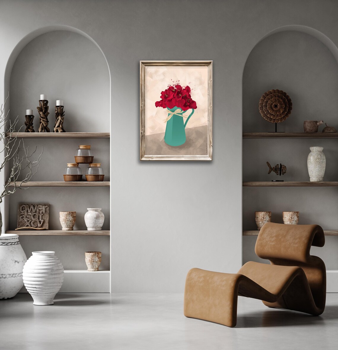 Red Flowers Green Pitcher Bouquet Bow Modern Farmhouse Floral Poster - Image 3