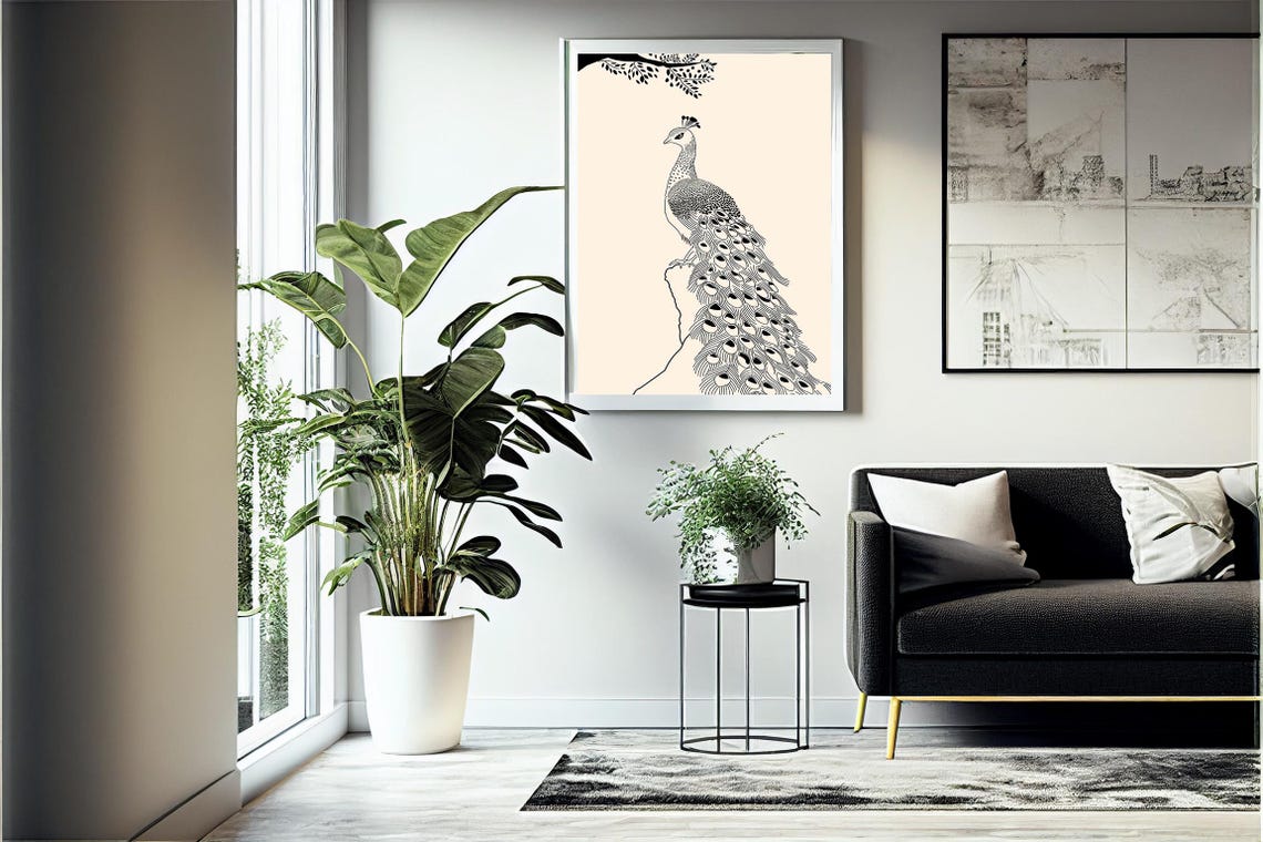 Peacock Line Art Black Beige Minimalist Bird Feather Elegant Wall Art - Image 4