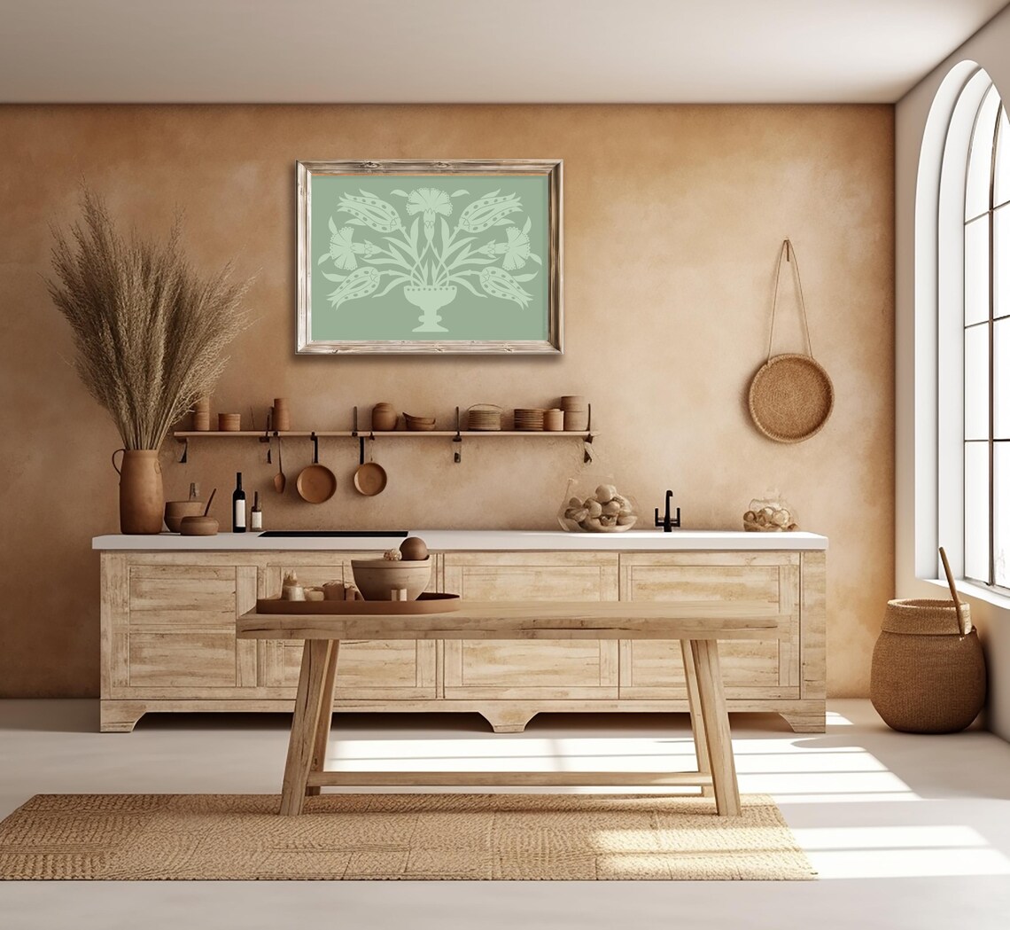 Sage Green Tone Floral Bouquet Urn Minimalist Folk Wall Art Print - Image 3