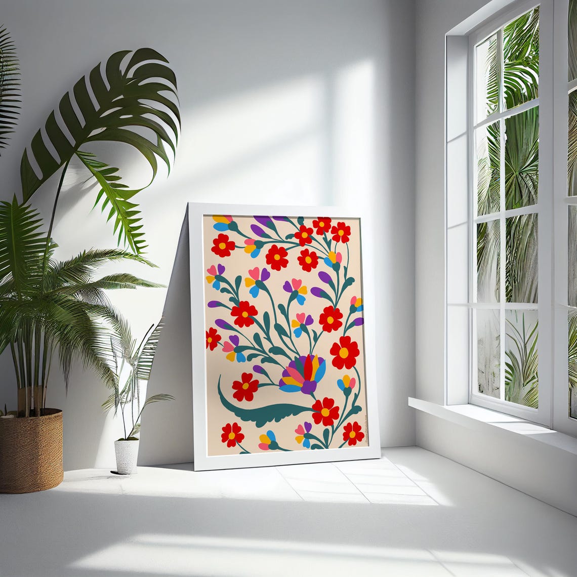 Vibrant Colorful Folk Floral Pattern Red Blossoms Beige Wall Poster - Image 5