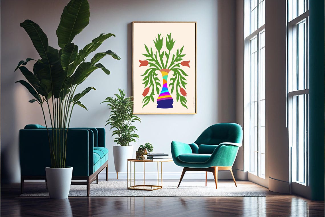 Rainbow Striped Vase Red Tulip Folk Art Colorful Floral Wall Poster - Image 4