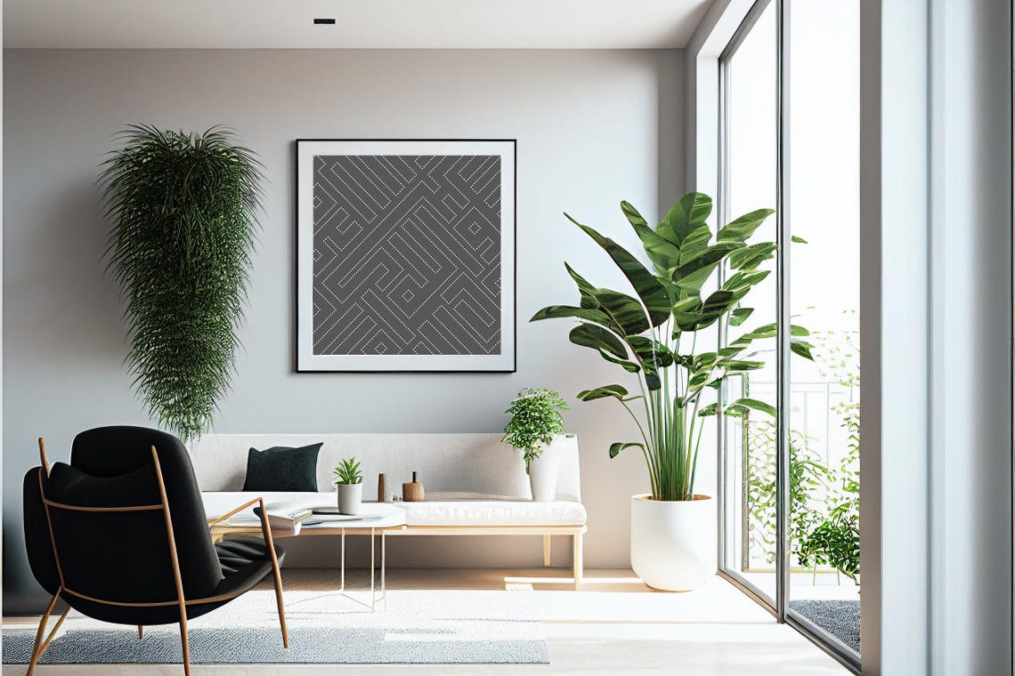 Charcoal Grey White Dashed Maze Square Geometric Modern Art Poster - Image 4