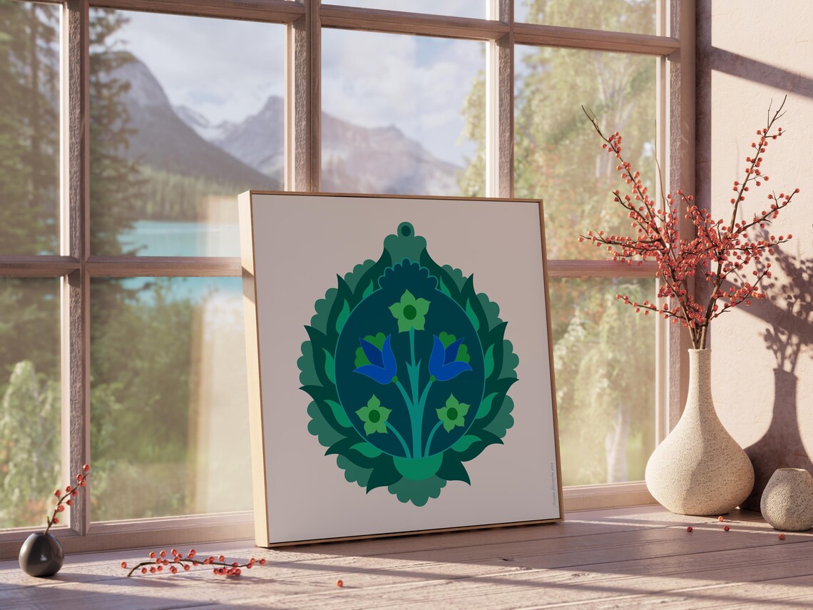 Blue Green Floral Medallion Folk Art Vintage Botanical Circle Poster - Image 3
