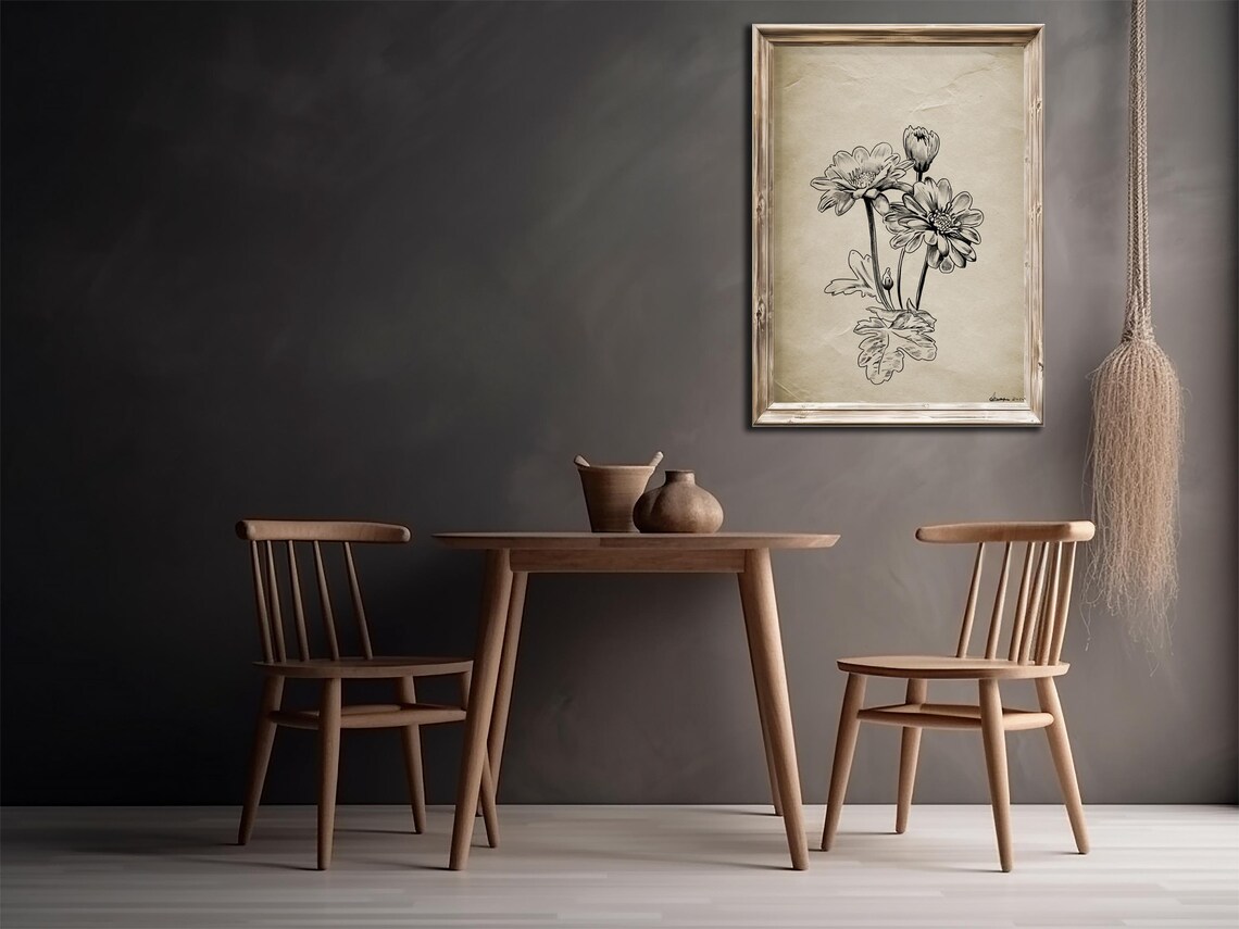 Black White Floral Line Sketch Vintage Botanical Daisy Wall Print - Image 4